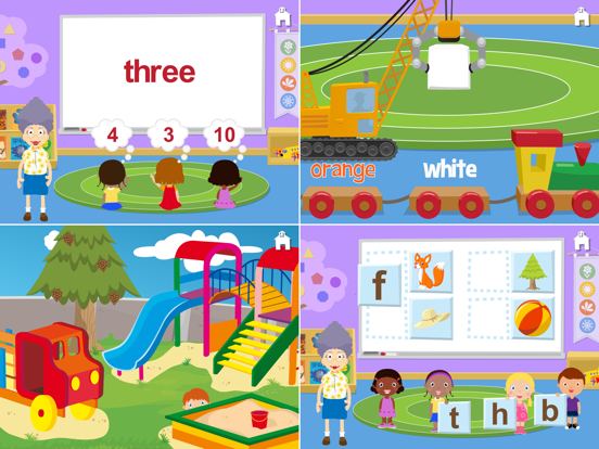 Classroom scenes show number words, a color train, the playground, and first-letter sounds.