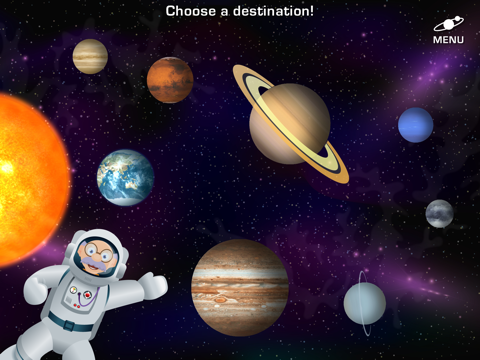 Grandpa floats beside a solar-system destination selection screen.