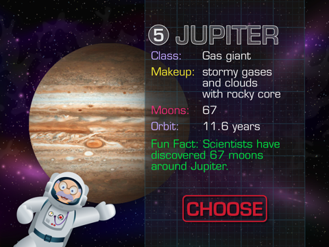 A Jupiter destination screen shows the planet, its characteristics, a fact, and a Choose button.