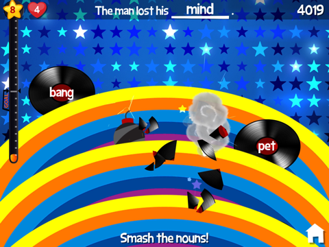 Noun Disco shows a sentence with a missing noun above spinning records labeled with words.